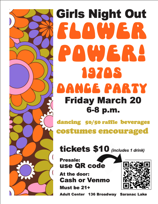 A 70s themed poster for the Flower Power 1970s Dance Party 